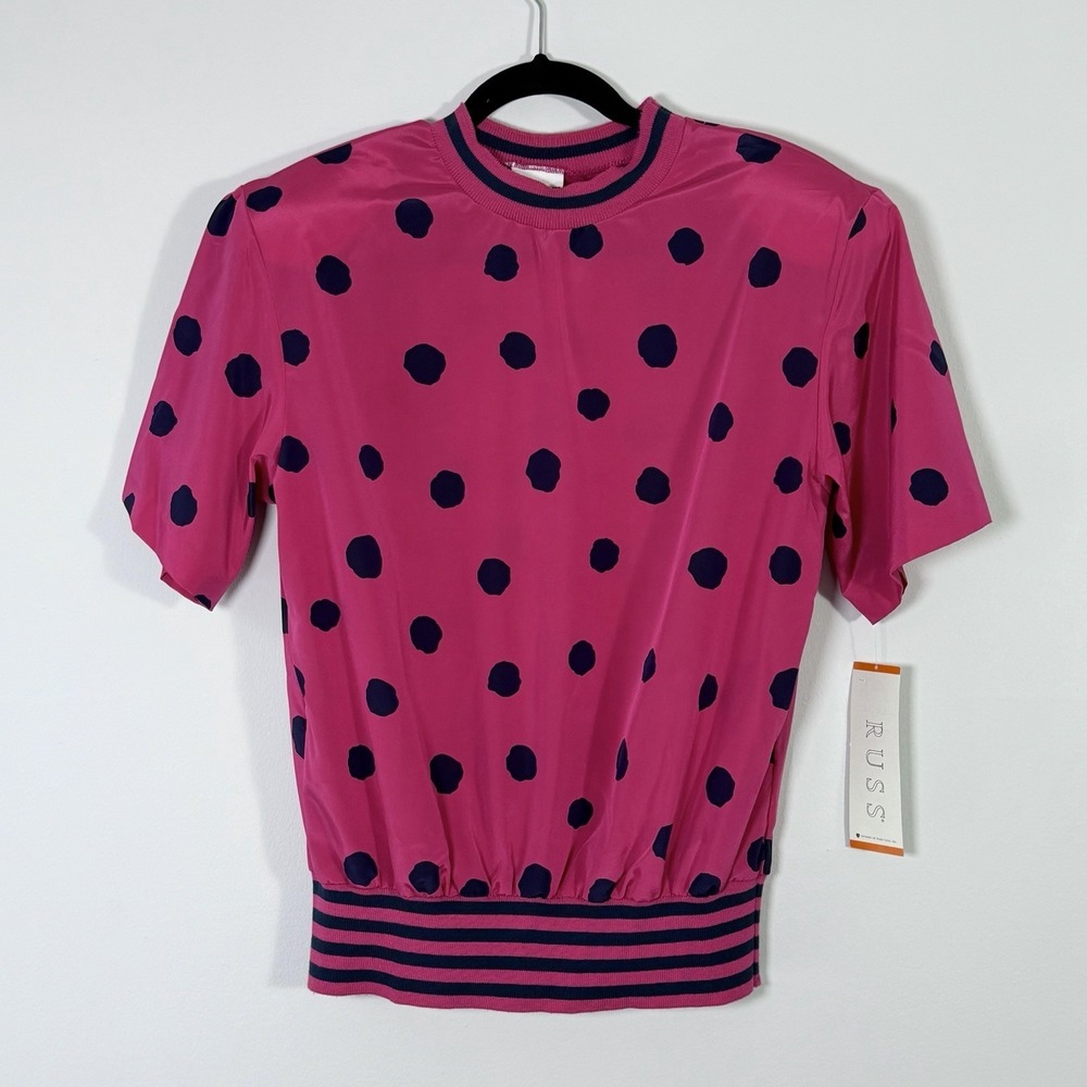 Vintage 80s Pink Polka Dot Top Blouse‎ Shoulder Pads USA Retro Satin Look Russ L